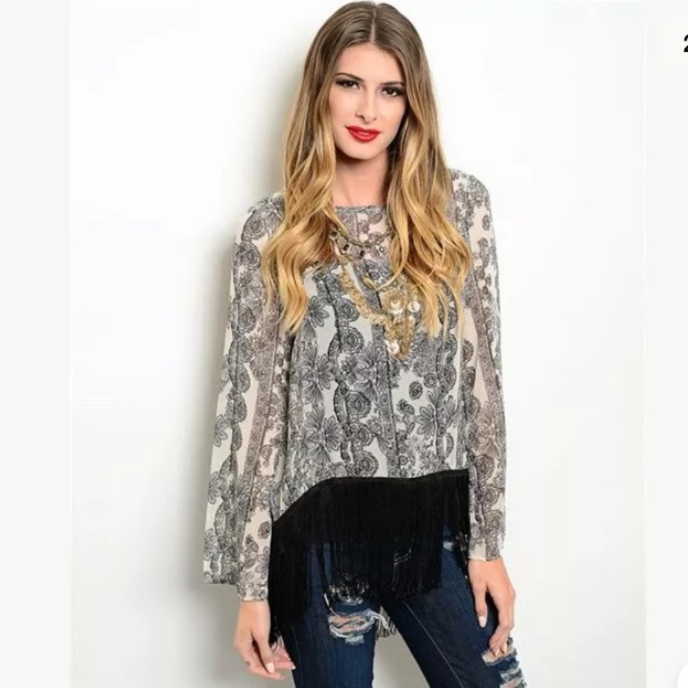 HUG~BLACK/CREAM~FRINGED~TOP/BLOUSE~MEDIUM, LARGE